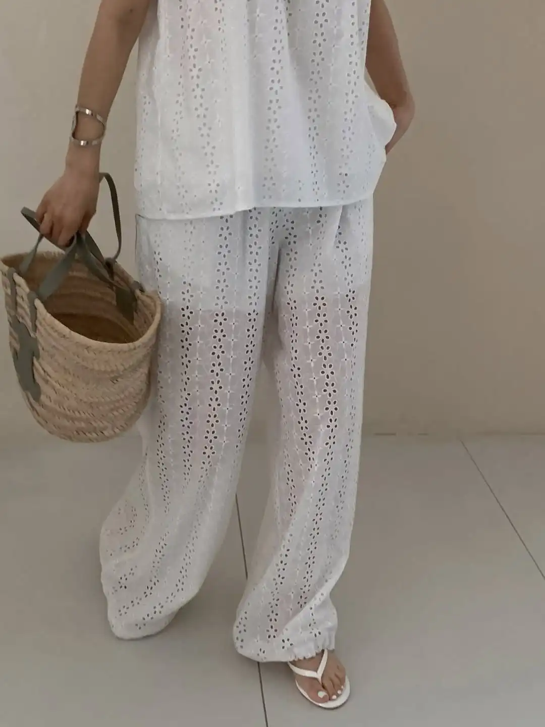 

Кружевной свободный женский топ и брюки, комплект из двух предметов, милый микропрозрачный эластичный пояс, широкие брюки, летний наряд