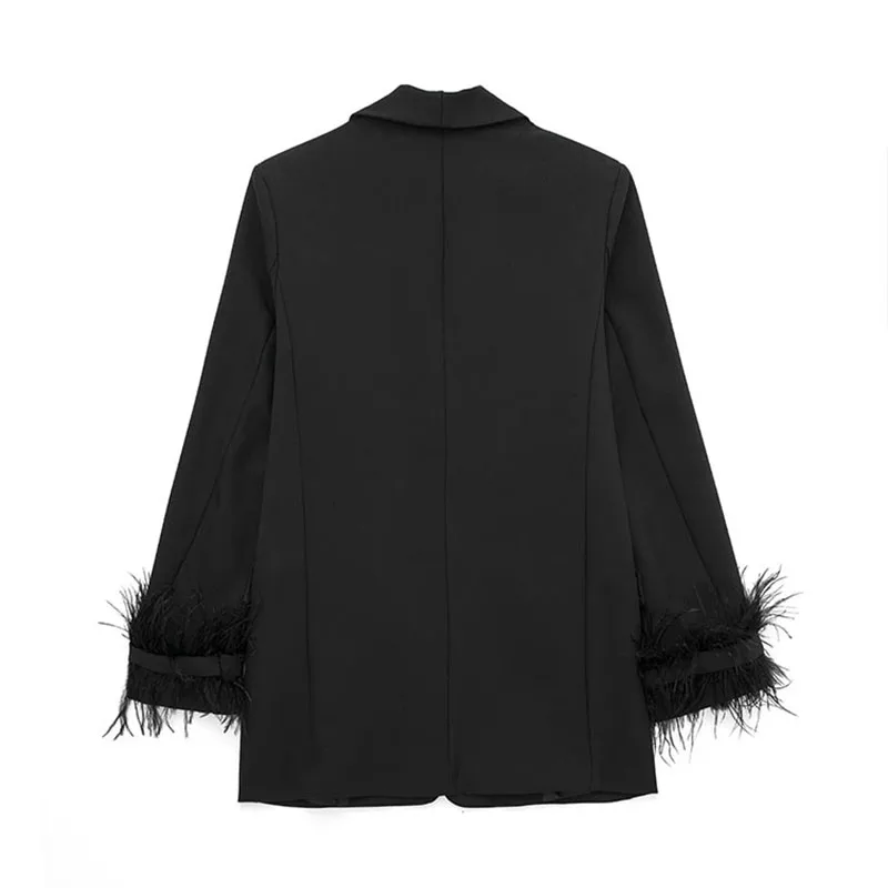 SIYANG Women Fashion Chic Black With Feather Blazer Jacket Elegant Notched Neck Single Button Long Sleeves Female Outfits