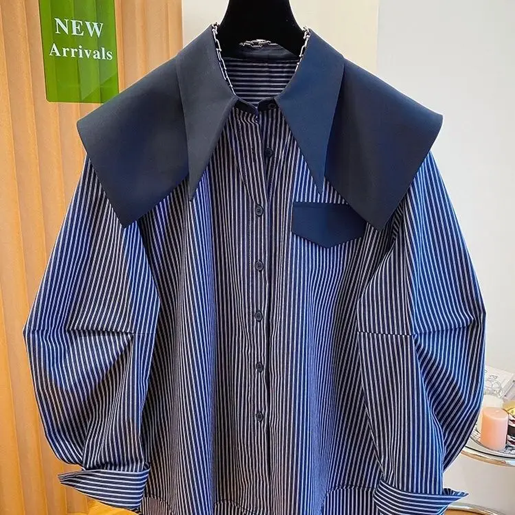 

plus Size 300 Pou Korean Striped Navy Collar Long Sve irt ex Spring Autumn New Design Big Flip Collar Top