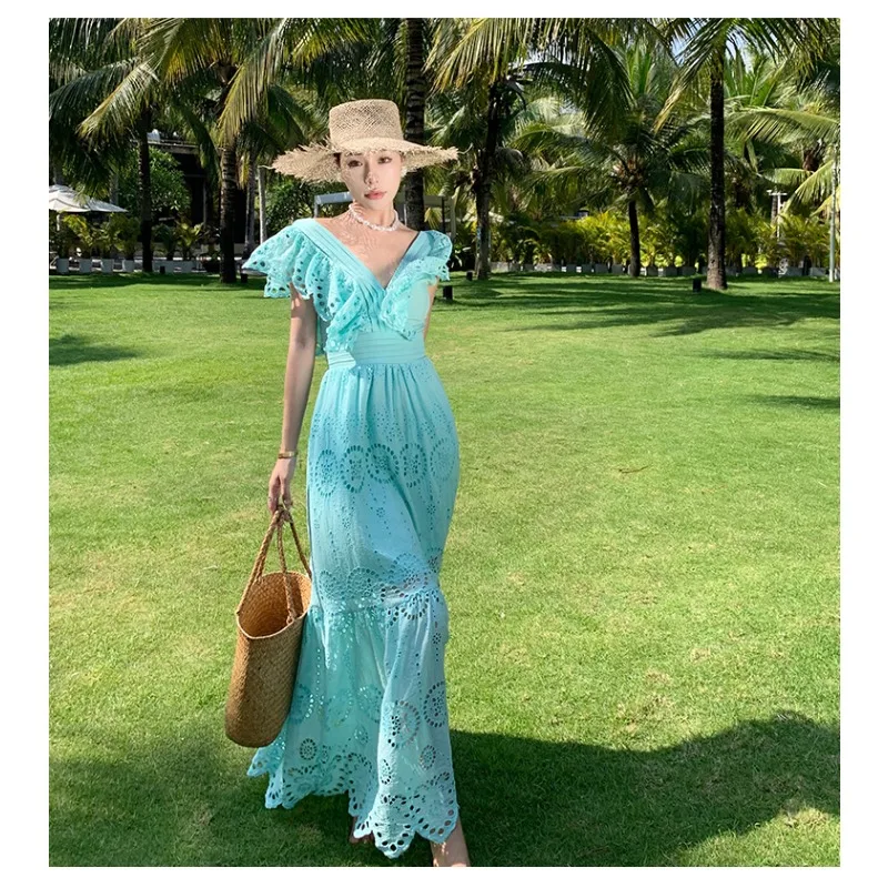 Tiro real de estilo fada personalizado recorte bordado babados mangas voadoras profundo decote em v cintura vestido saia longa