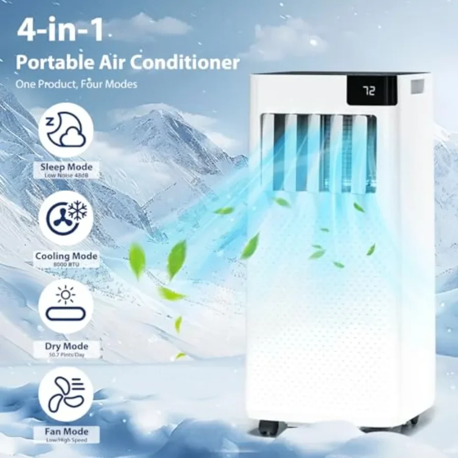 Portable Air Conditioner 8000 BTU, 5-in-1 AC Unit for Bedroom Apartment: White ABS Plastic with Quiet Cooling, Dehumidifier, Fa