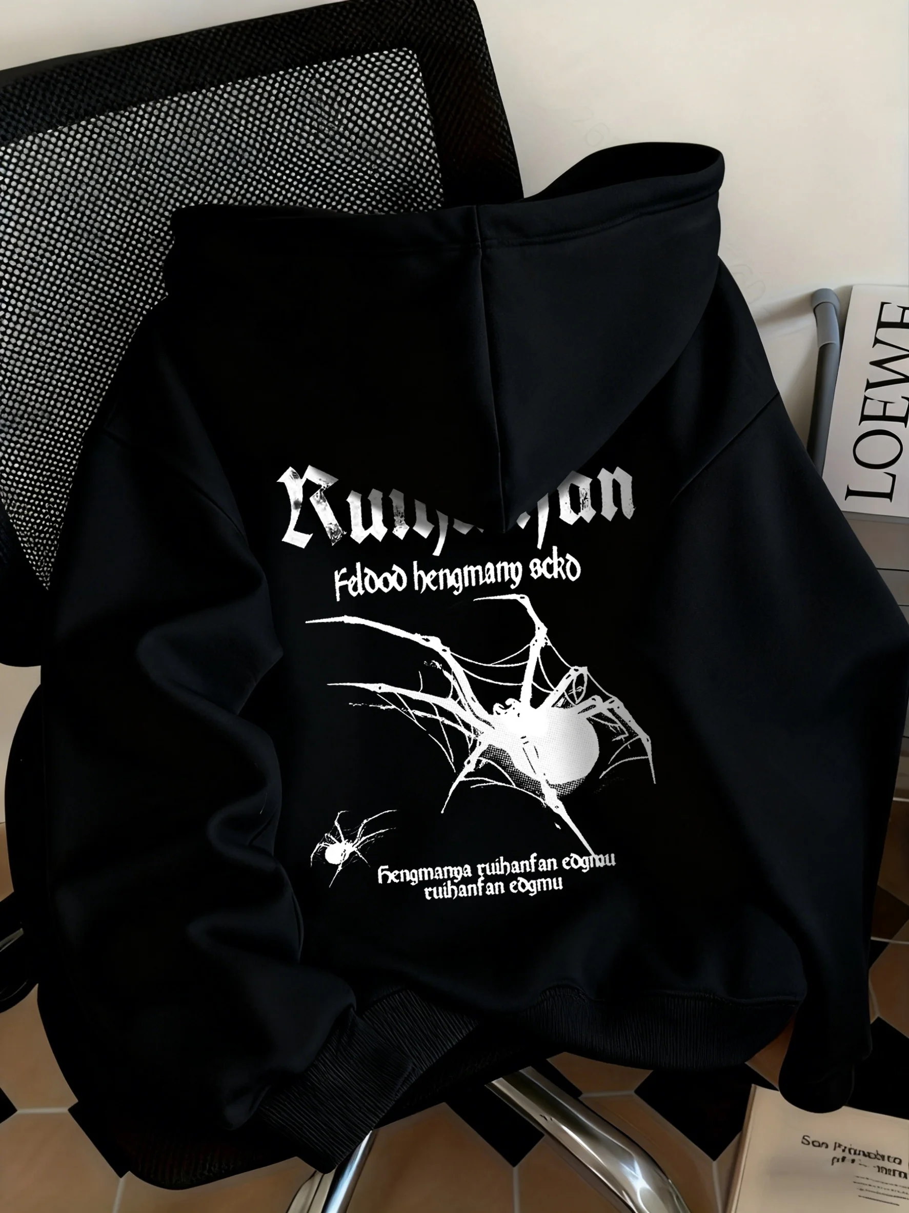 Men's Fleece Lined Spider Print Hoodie, Essential Autumn Winter Casual Pullover Sweatshirt S-3XL