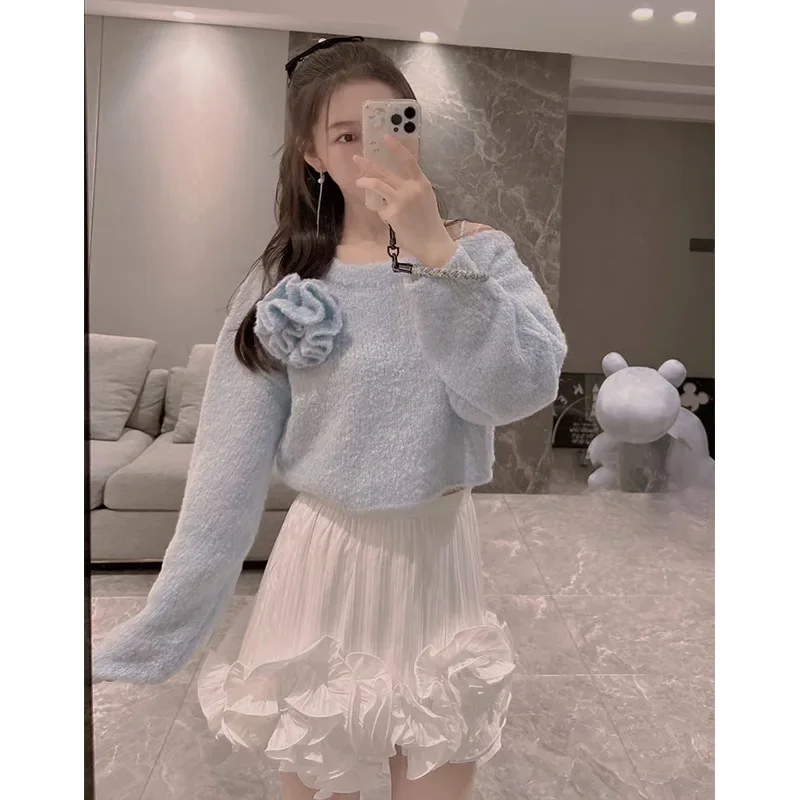 Japan Style Chic Sweet Off Shoulder Pullover Sweaters Skew Collar Imitation Pearl Straps Floral Knitwear Autumn Winter Jumpers