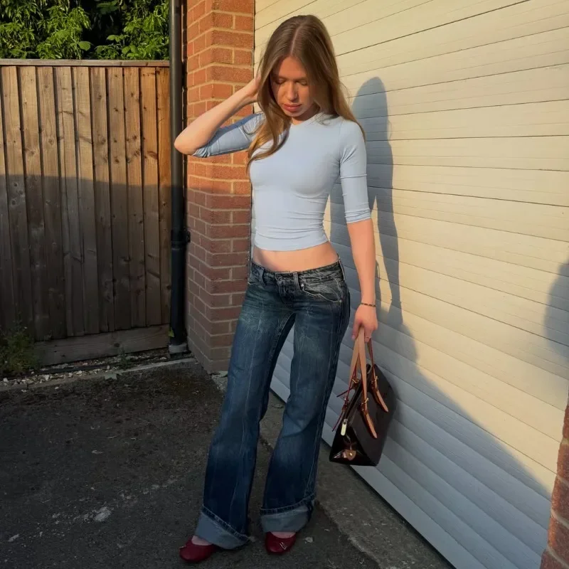 Schlankes V-Ausschnitt T-Shirt für Damen mit Ellbogenärmeln, Vintage Casual Basic Crop Top, Street Bodycon Y2K Ästhetik Commute T-Shirt 2026 – Detail 19