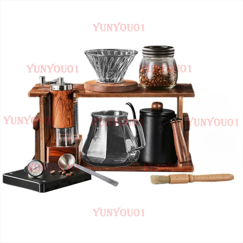 hand-brew-coffee-pot-set-premium-wooden-stand-household-hand-grinder-hand-grinder-coffee-machine
