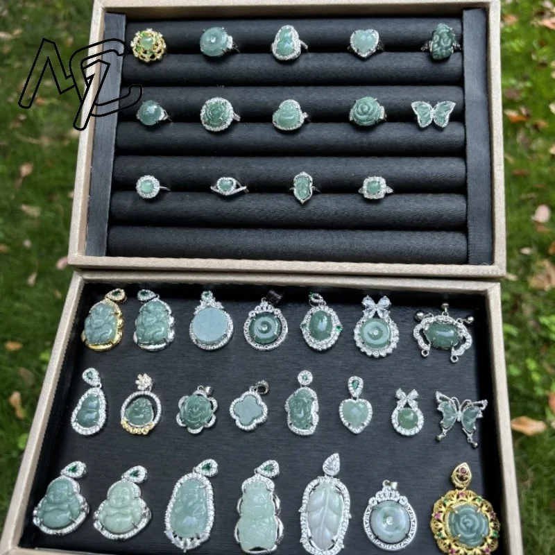 925 الفضة البطانة البورمية اليشم قابل للتعديل زهرة القرع عقد بحلية متدلية على شكل فراشة خاتم الزمرد الوردي الطبيعي الأخضر النساء مجوهرات مخصصة