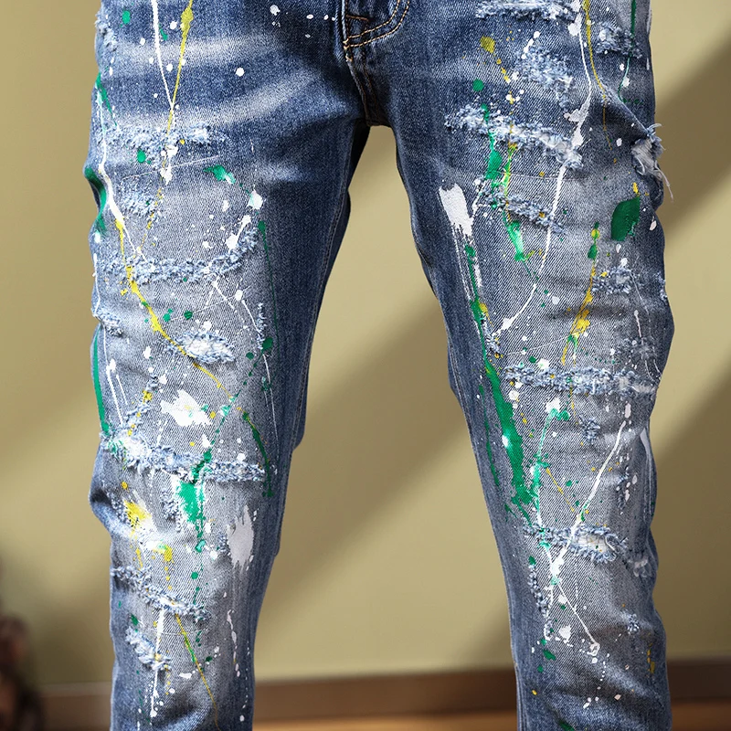 High Street Fashion Men Jeans Retro Blue Painted Designer Elastic Skinny Ripped Jeans Men Stretch Trousers Hip Hop Pants Hombre