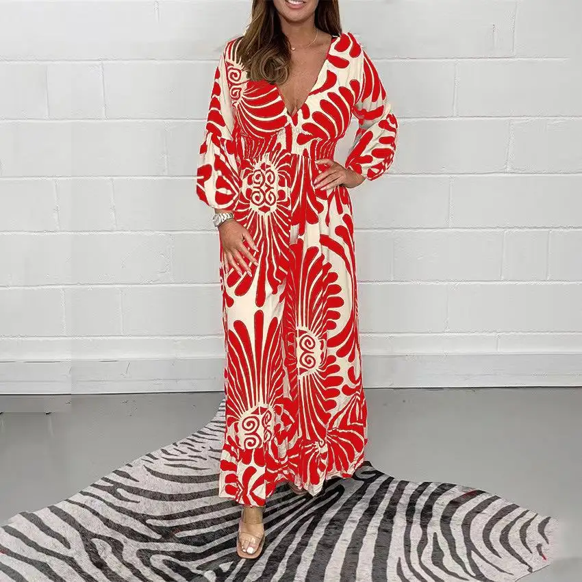 Sexy V Neck Long Sleeve Dress Office Lady Spring Summer Stripe Printing Casual Fashion Beach Dresses For Women 2023 Robe Femme