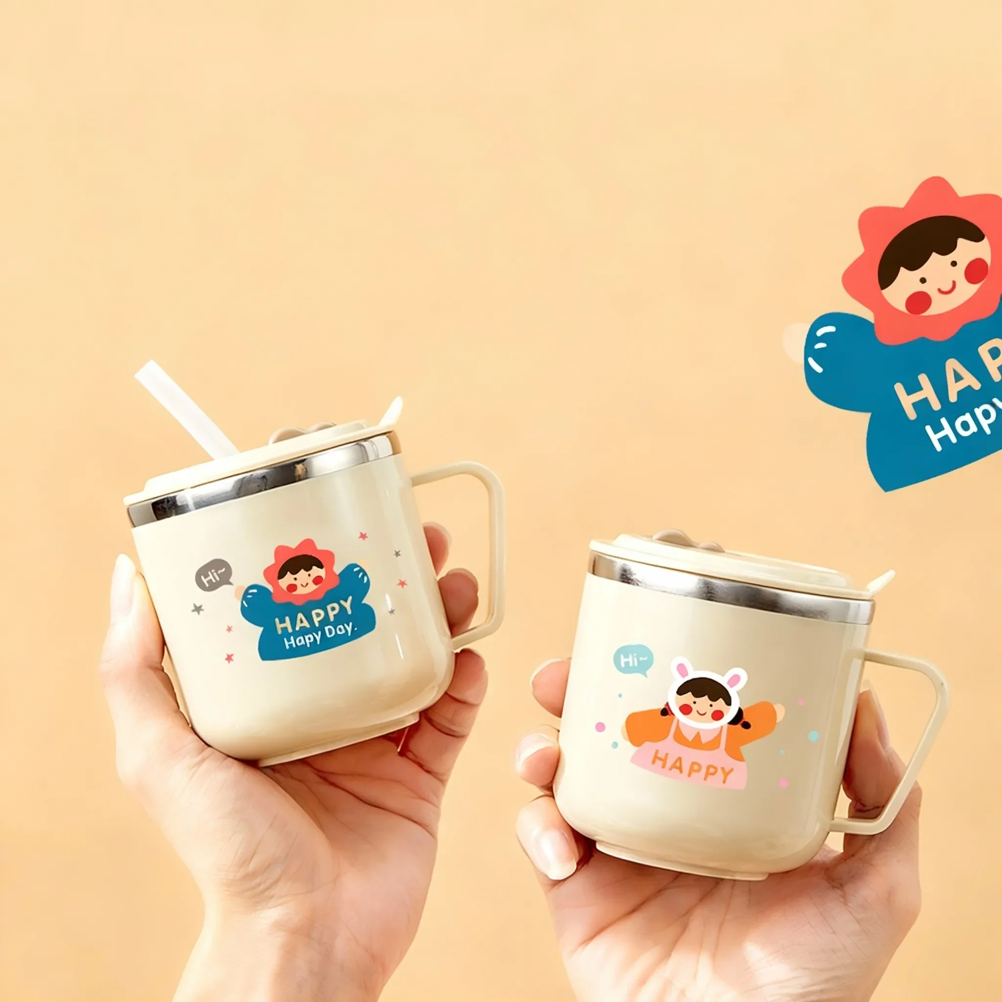 316 Stainless Steel Drinking Cup Portable Kids Thermos Cup With Straw Cute Leak-proof Double Wall Insulated Children‘s Sippy Cup
