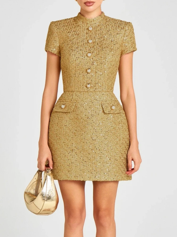

Sexy O Neck Short Sleeve Buttons Mini Dress Women Gold Single Buttons High Waist Slim Dresses Evening Party Gowns