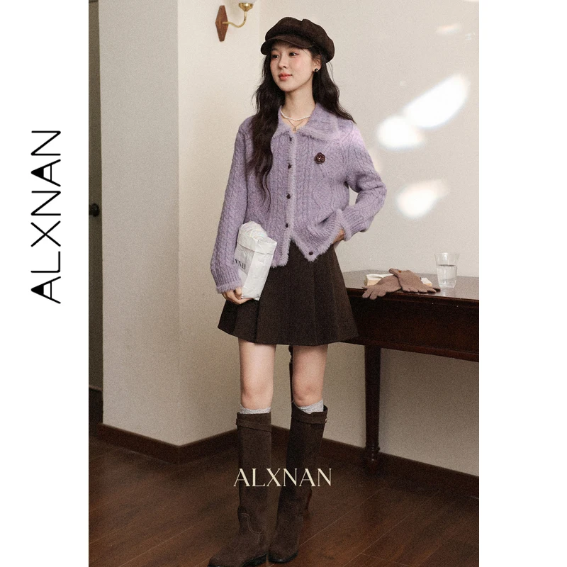 

ALXNAN Purple Knit Cardigan Women 2026 Trend Furry Trim Lapel Long Sleeve Sweater Elegant Casual Ladies Tops with Brooch L60815