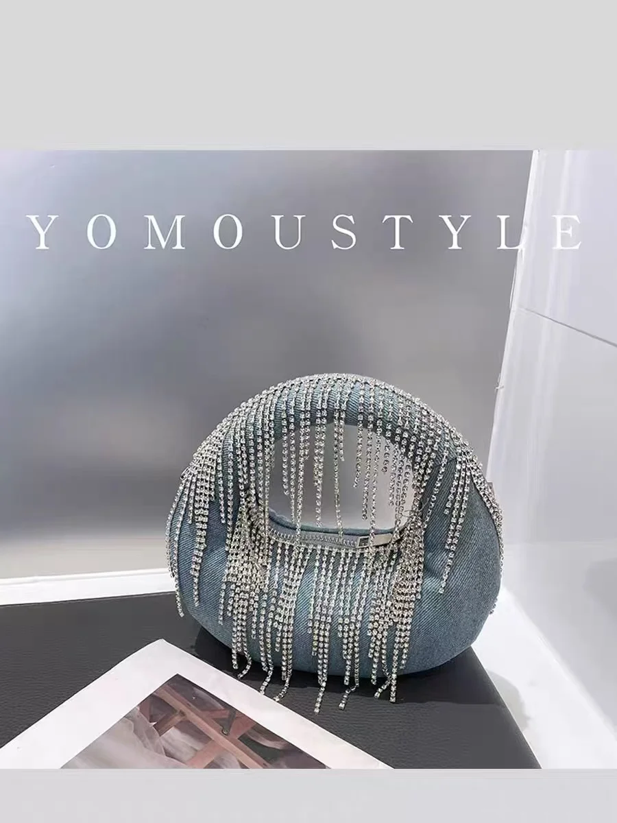 Fashion Blue Denim Hobo Bag Women\'s Handbag Luxury Glitter Diamond Tassel Evening Bag Wedding Party Clutch Purse Shoulder Bag