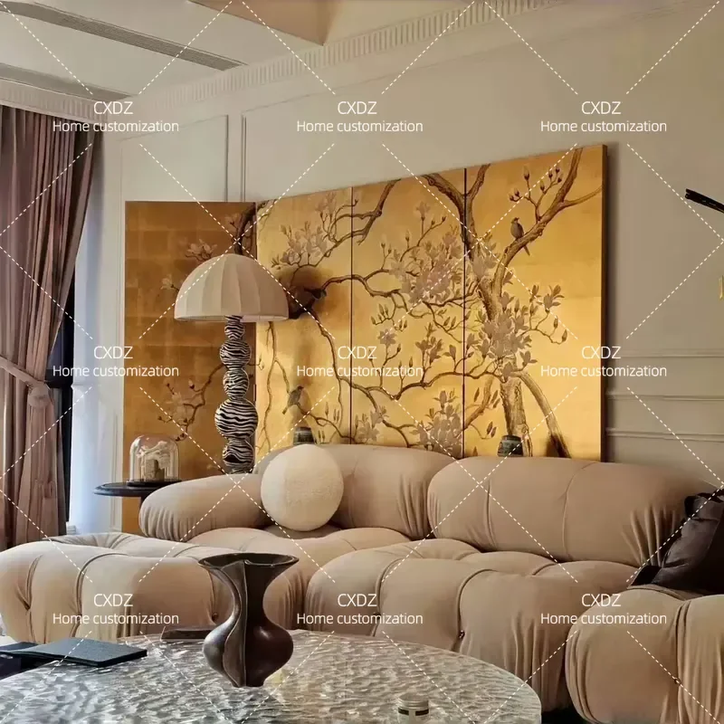 Modern Chinese Retro Gold Foil Folding Screen Hand Painted Lacquer Magnolia Flower Living Room Background Wall Partition