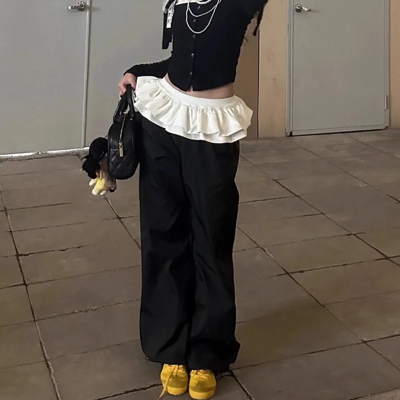 Deeptown Y2k Black Vintage Women Skirt Pants Kawaii Patchwork Harajuku Korean Style Sweatpants Wide Leg Baggy Trousers Youthful