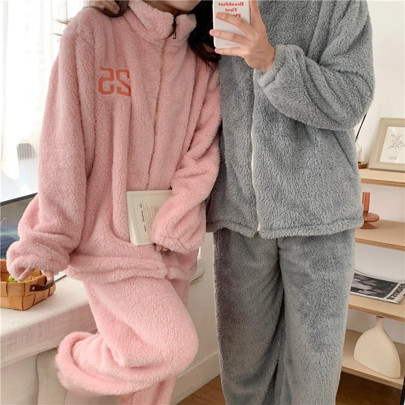 Autumn Winter Couples Flannel Thickened Warm Pajamas Women\'s Long-sleeved Zipper Plush Suit Men\'s Home Wear