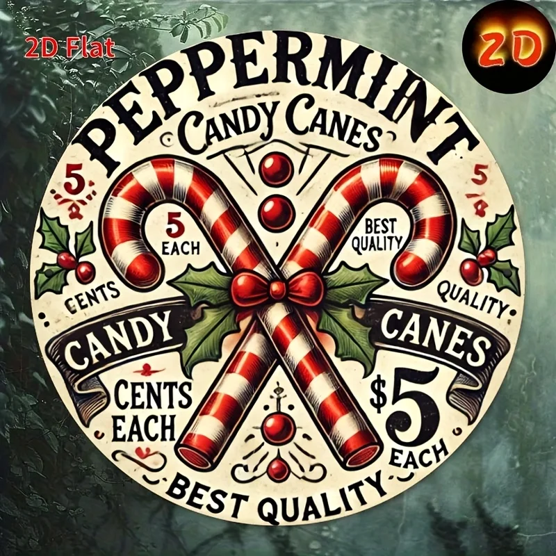 2D Flat, 2D Flat, 2D Flat Printing, 1pc 7.8X7.8 Inch Round Metal Sign, High Definition, Christmas Theme, Mint And Candy Cane, No