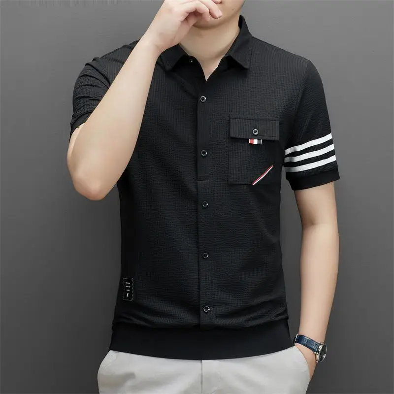 Summer Fashion Men Slim Striped Short Sleeve T-Shirt Lapel Button Cardigan Pockets Male Clothes Streetwear Casual Versatile Tops