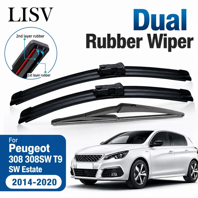 For Peugeot 308 308SW T9 SW Estate 2014-2020 24"+18"+12" Front Rear Wiper Blades Windshield Windscreen Window Cutter Accessories