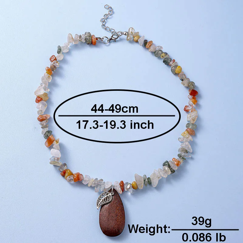 Handmade Natural Stones Beaded Vintage Necklace with Water Drop Wood Pendant Women's Ethnic Colorfull Necklace for Women