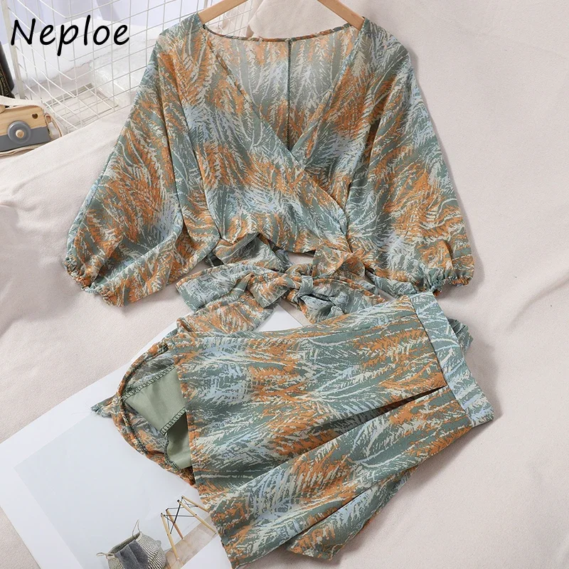 Neploe 2 Piece Outfits Women Fashion Strap Short V-neck Shirt High Waist Slim Wide Leg Shorts Printed Suit Ladies Summer 1E594