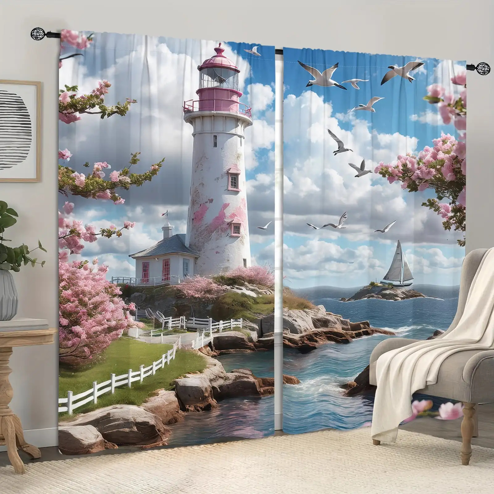 2pcs Curtains Peach Skin Polyester Coastal Lighthouse Cherry Blossom Print Light Filtering Living Room Bedroom Home Decor