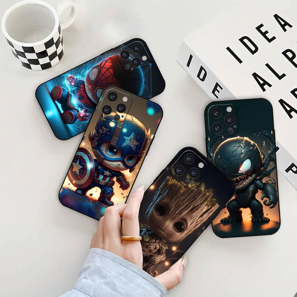 Baby Marvel Venom Groot Avengers Phone Case For iPhone 16 15 14 13 12 11 Pro Max Plus Mini Funda Apple 16 15 ProMax Black Cover