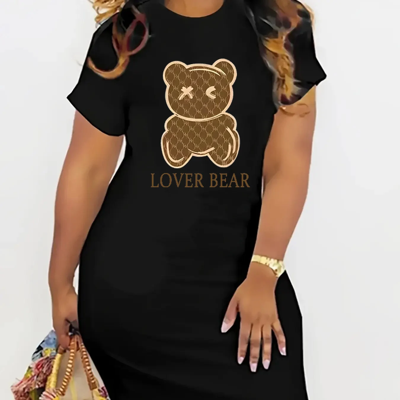 Summer Women\'s LOVER BEAR cartoon Print Casual Slim Fit Short Sleeve Round Neck T-shirt Mini Dress