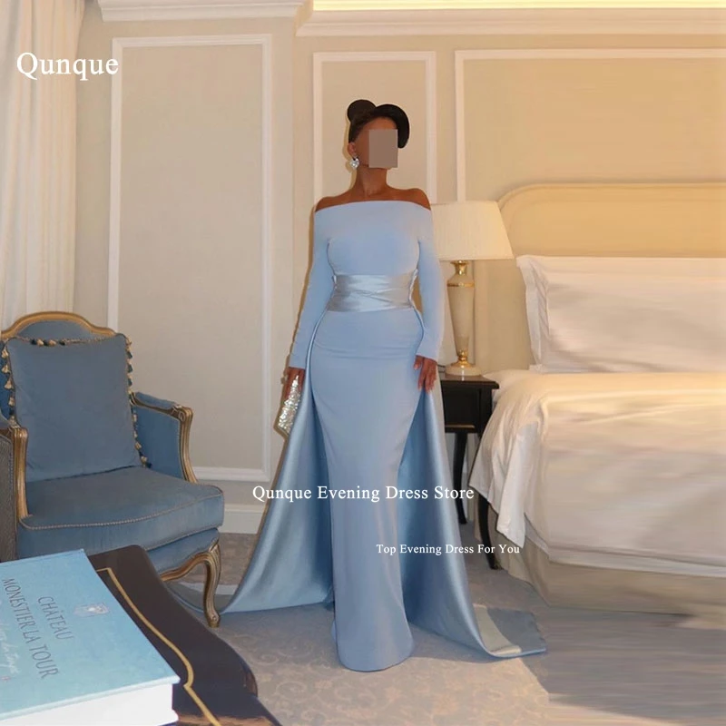 Qunque Elegant Mermaid Evening Dresses فساتين السهرة Sheath Satin Light Blue Prom Dress for Women Customized Vestido De Festa