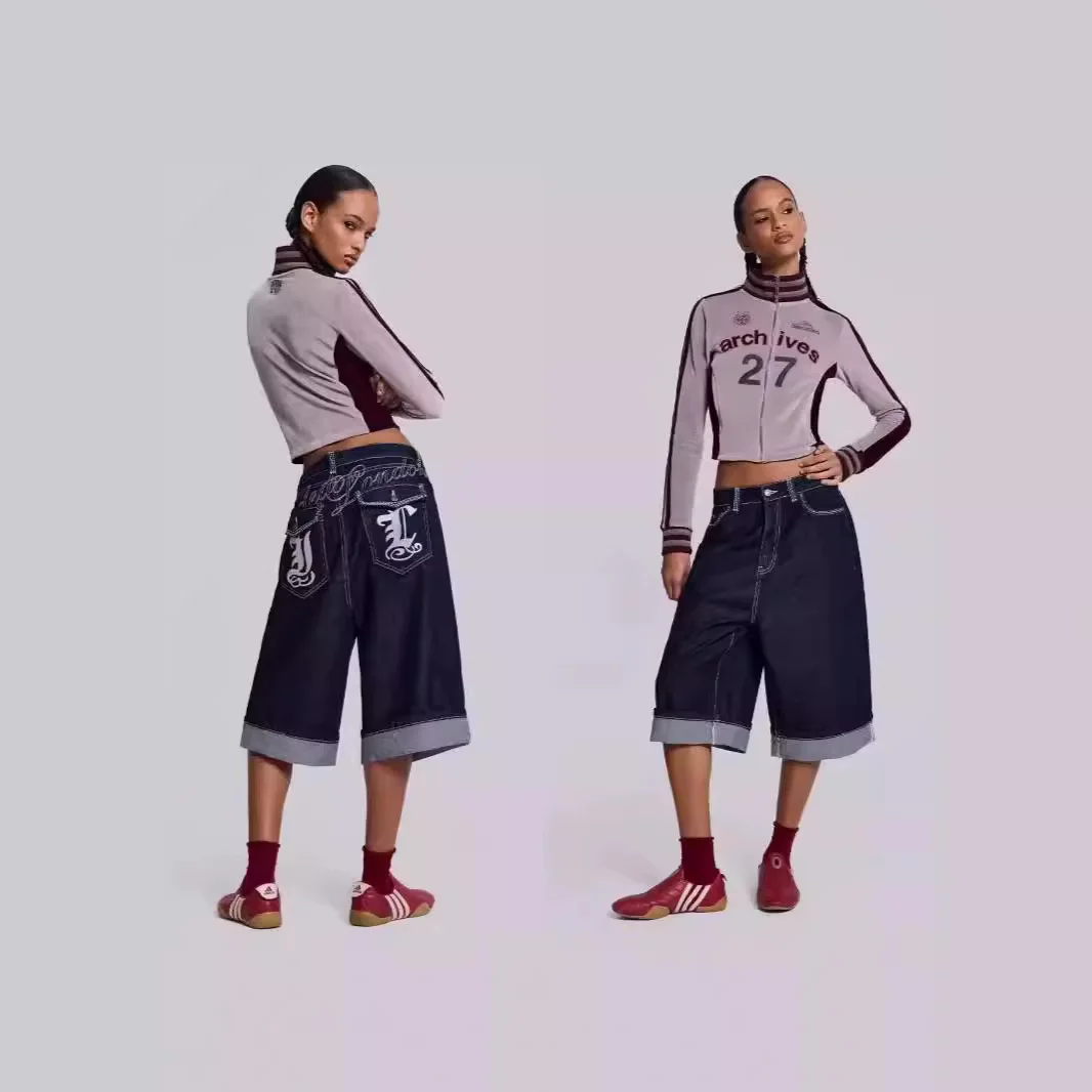 Jaded London Dames Geborduurde Wijde Pijpen Jeans Veelzijdig Gedrukt Capri Orts Casual Comfortabele Denim Broek Zomer 2024