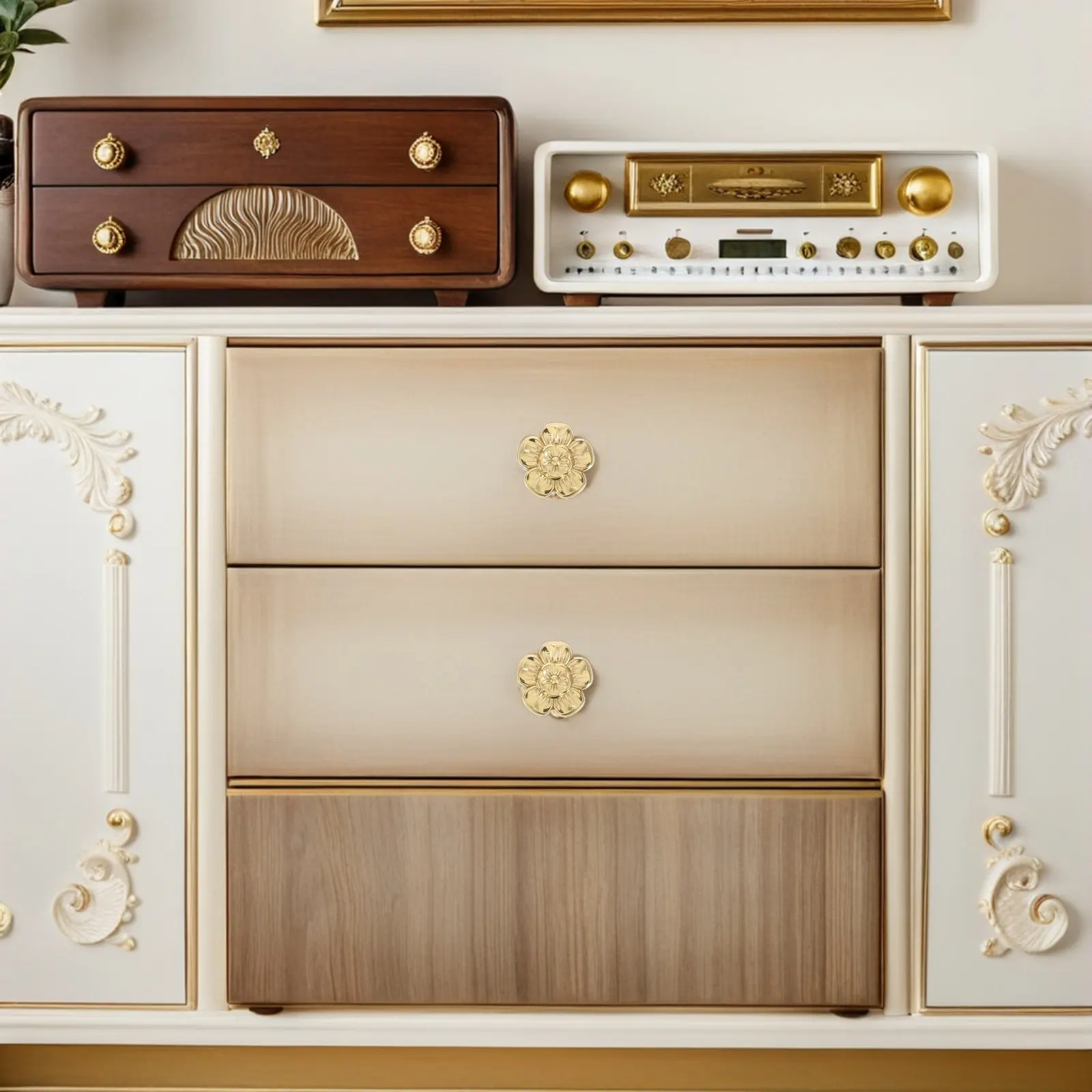 2pcs Vintage Flower Brass Cabinet Knobs Retro Decorative Drawer Pulls Brass Handles Durable Furniture Hardware Golden