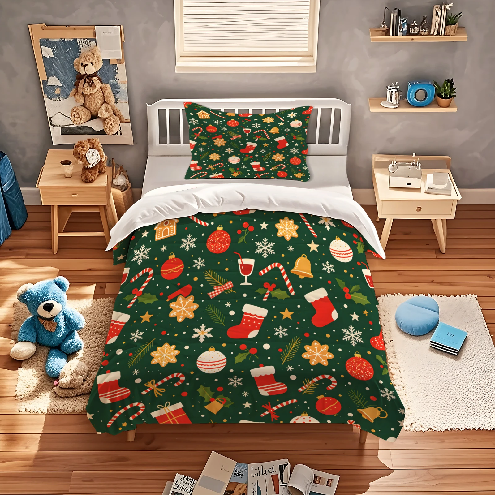Green Christmas Duvet Cover Set Xmas Stocking Candy Cane Snowflake Bauble Gingerbread Print Bedding Set Microfiber Quilt Cover