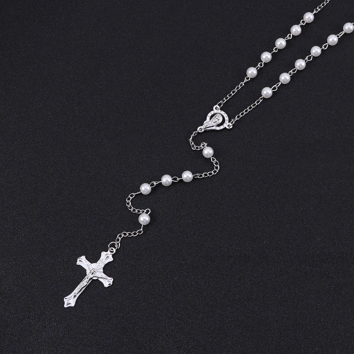 

Premium Pearl Cross Rosary Necklace Christian Prayer Beads for Women Men Holy Keepsake Gift White Elegant Finish Comfortable