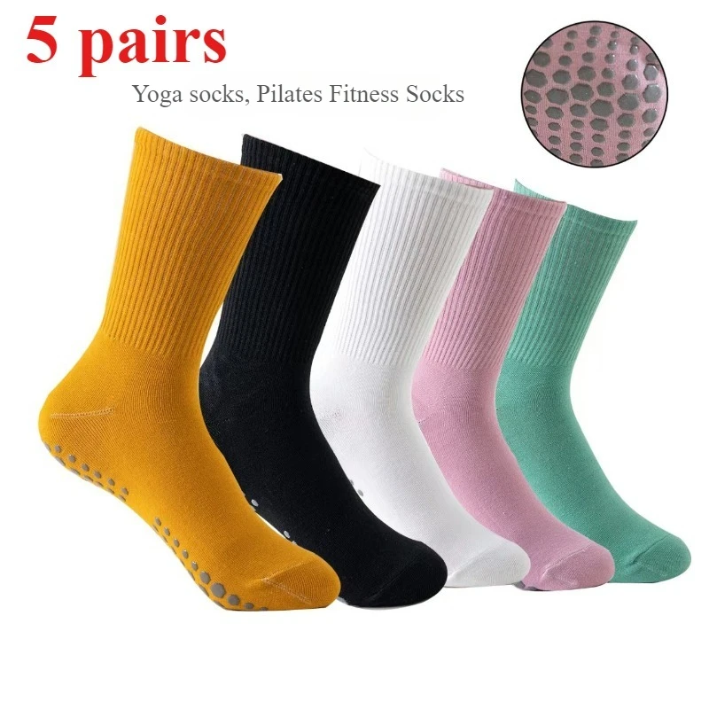 

5-компонентные однотонные полосатые противоскользящие спортивные носки, хлопковые дышащие носки для йоги до середины икры, носки для пилатеса, танцев, фитнеса, тренировок