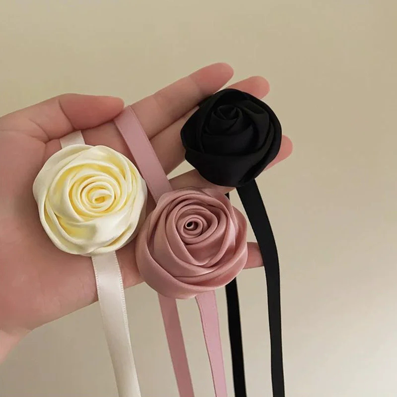 Pink White Satin Rose Flower Necklace for Women Adjustable Long Ribbon Chains Choker Versatile Strap Party Jewelry Accessories