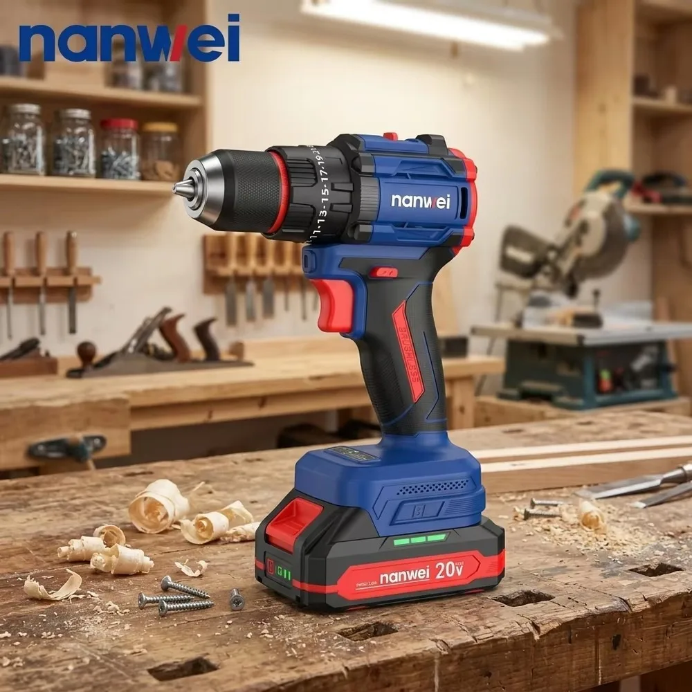 Nanwei 20V Brushless Cordless Impact Drill Set Rechargeable Electric Power Tool Combo Kit Professional DIY Home Use