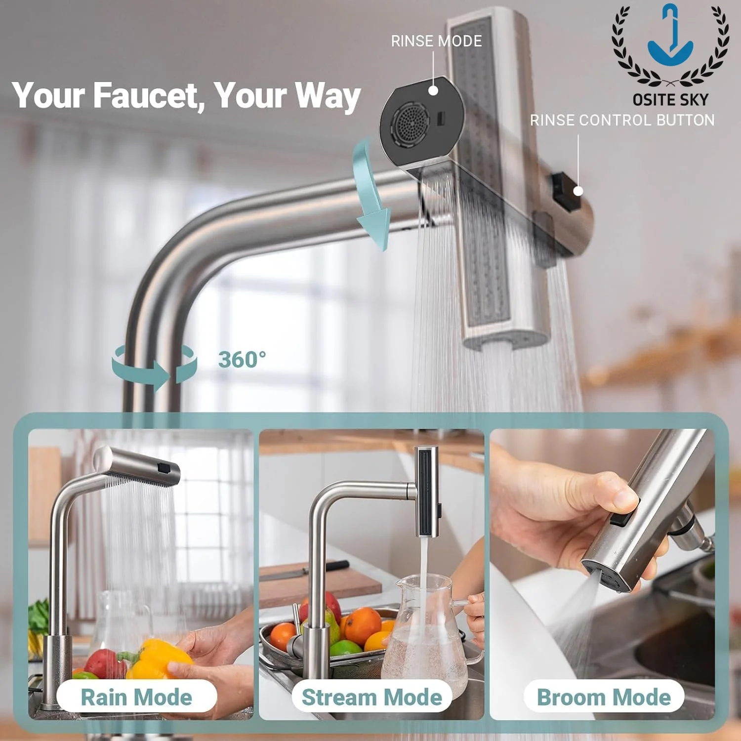 Three Modes Kitchen Faucets Pull Out Rotation Waterfall Stream Sprayer Head Sink Mixer Hot Cold Single Hole Sink Wash Tap