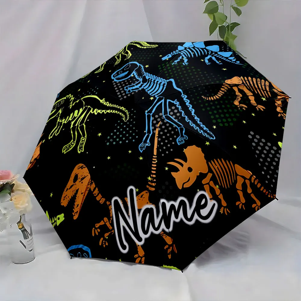 Custom Name  Dinosaur Skeleton Design Kids Umbrella Print 8 Iron Ribs Folding Umbrella Auto-Open Fashion Sunshade