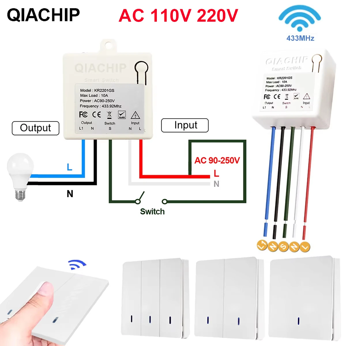 433Mhz Smart Light Switch LED Push Button Switch Universal Wireless Remote Control AC90~250V 10A 1CH Relay controller for Lamp