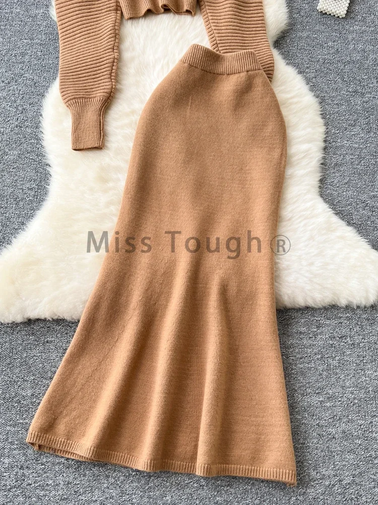 Autumn Retro Gentle Knitted Two Piece Set Women Strappy Bow Tops + Slim High Waist Long Skirt New Design Elegant Solid Suit 2024