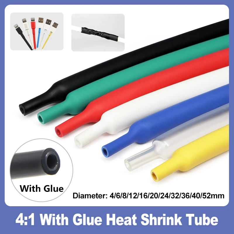 

1/2/5M 4:1 With Glue Heat Shrink Tube 4/6/8/12/16/20/24/32/36/40/52mm Dual Wall Thicken Polyolefin Adhesive Wire Cable Sleeving