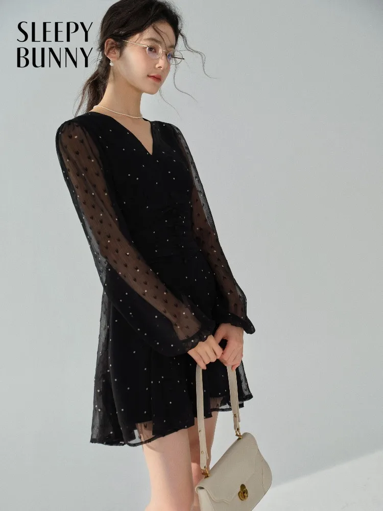 

Chiffon Dress Elegant Vintage Polka Dot Mini Dress Long Sleeve V Neck A Line Short Skirt Outfit Autumn Slimming Casual Fashion