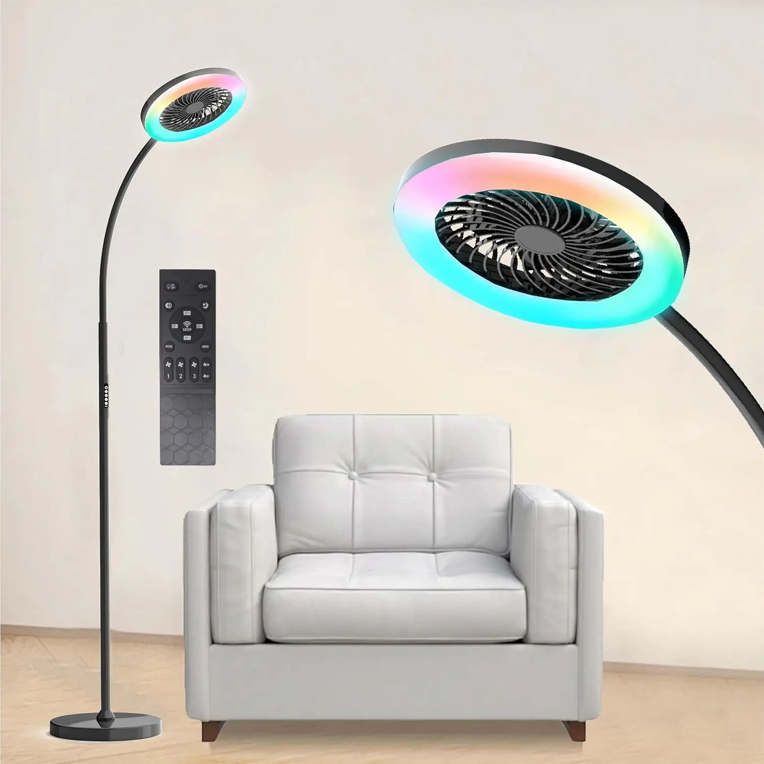 

Pedestal Fan for Bedroom, RGB Floor Lamp with 18W/1500lm, 3-Speed Adjustable Gooseneck, Remote & Button Control, 3000K-6000K Dim