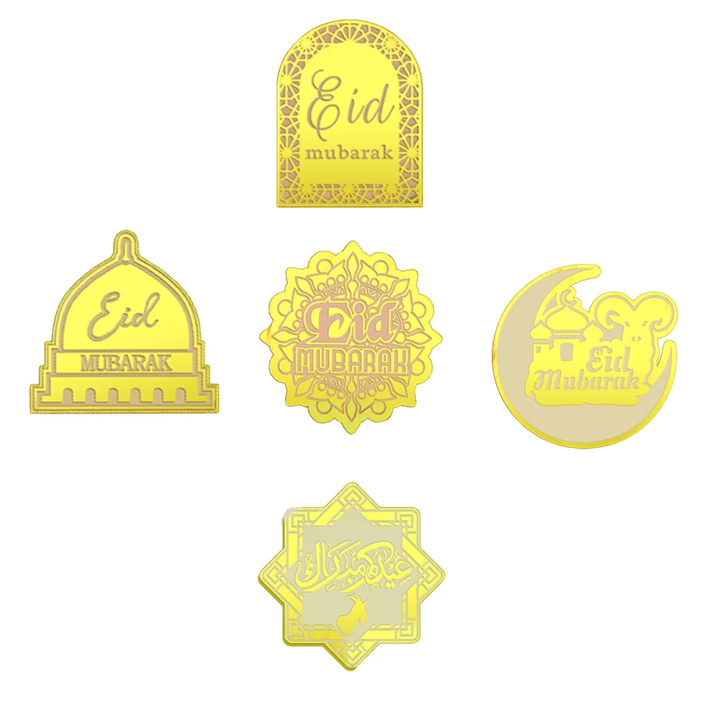 5Pcs/lot Gold Eid Mubarak Acrylic Cupcake Toppers Mirror Cake Topper Ramadan Islamic Muslim Party DIY Decorations Supplies