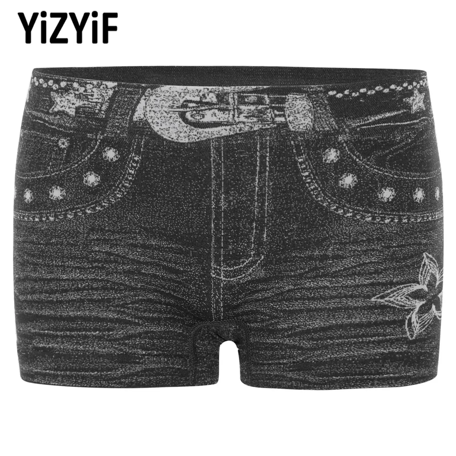 Womens Stylish Black Denim Printed Shorts Elastic Waistband Stretchy Hot Pant Panties Underwear for Sports Casual Summer Outing