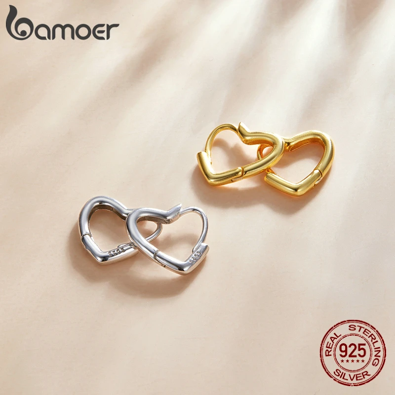 BAMOER 925 Sterling Silver Small Hoop Earrings Heart Shaped 14k Gold Plated Huggie Earrings for Women Wedding Fashion Jewelry