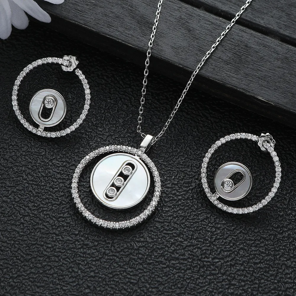 2024 New classic button Round button round Zircon necklace earrings Set Accessories Women's Shamrock jewelry party