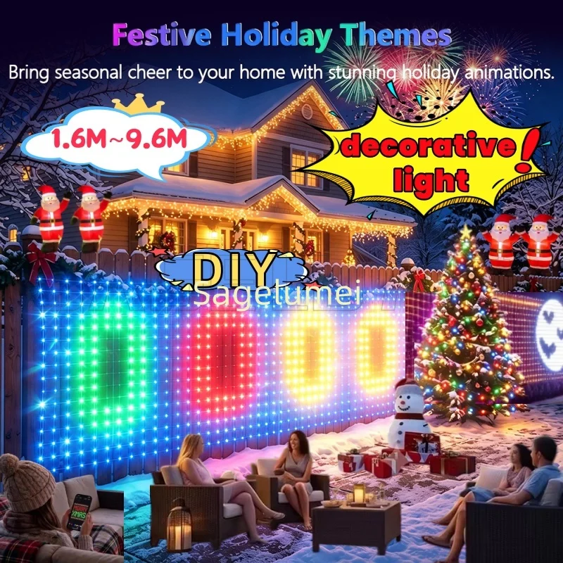 9.6M for Christmas Yard Decorations New 1536LEDs Smart Grid Lights With RGB IC Color, IP65 Waterproof, App DIY Patterns Suitable