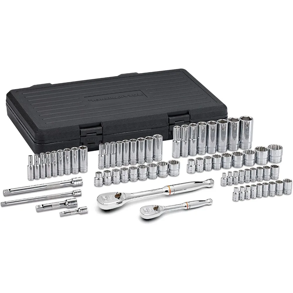 

Mechanics Tool Set, 68 Pieces, 1/4 and 3/8 Drive, 6 and 12 Point, Standard and Deep Sockets, SAE and Metric - 83000 Series