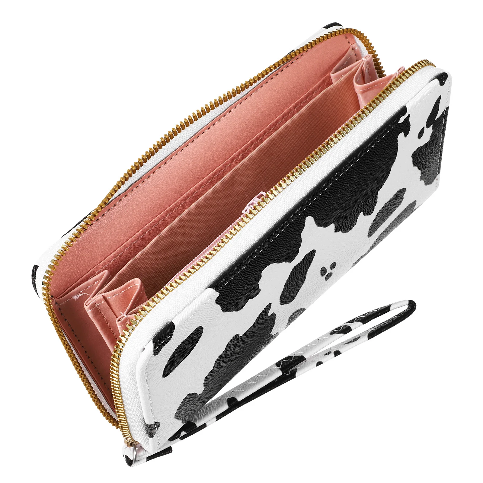 

Multi compartment Cow Print Wallet Black Small Compact Zipper Purse for Women Long Clutch Bags PU Durability Cow Wallet
