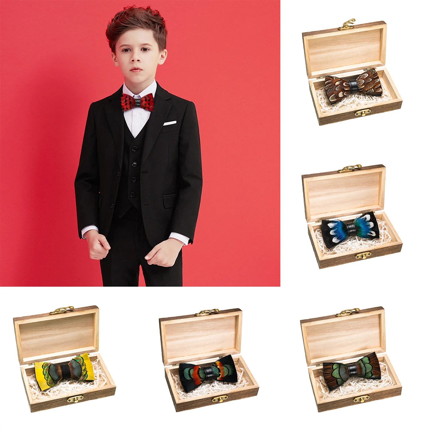 EASTEPIC-pajaritas de plumas negras para niños, accesorio para hombres, correa ajustable, caja de madera lisa, fiesta de boda, Día de los niños,